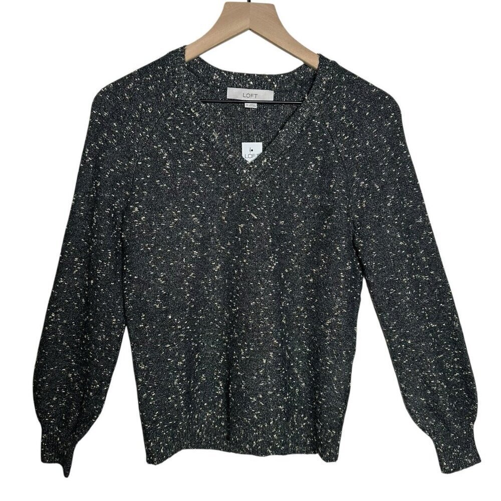 LOFT V-Neck XSmall Sweater Gray Gold Speck Festive Casual Long Sleeve Pullover